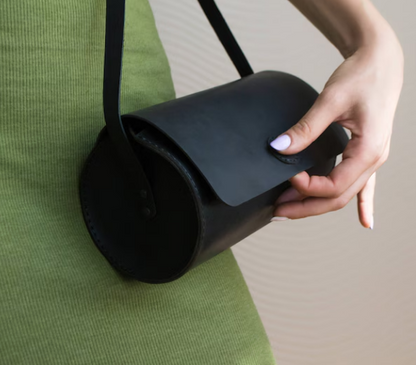 Black Womens Leather Cylinder Bag